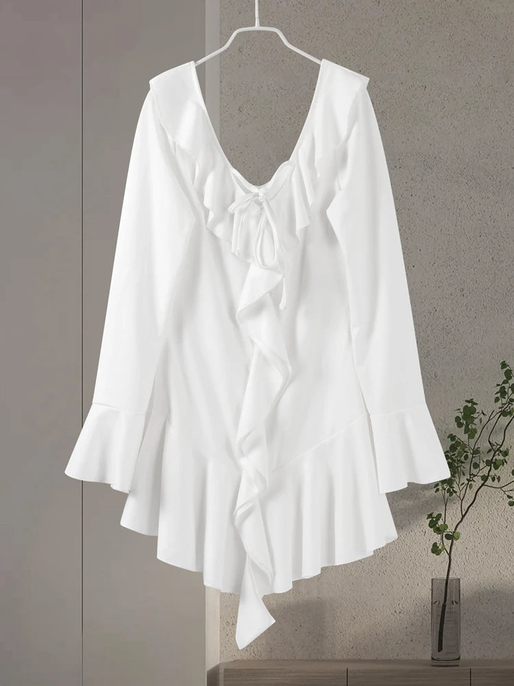 Elegant Ruffled Mini Dress Women Sexy Slim V Neck Lace Up Robe Female 2025 Summer Fashion Flare Sleeves Solid Beach Dresse