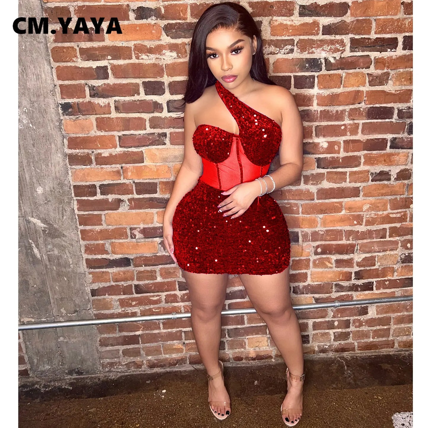 CM.YAYA Women Sequined Halter Neck Sleeveless Bodycon Mesh Patchwork Mini Midi Dress 2023 Summer Sexy Club Party Evening Dresses