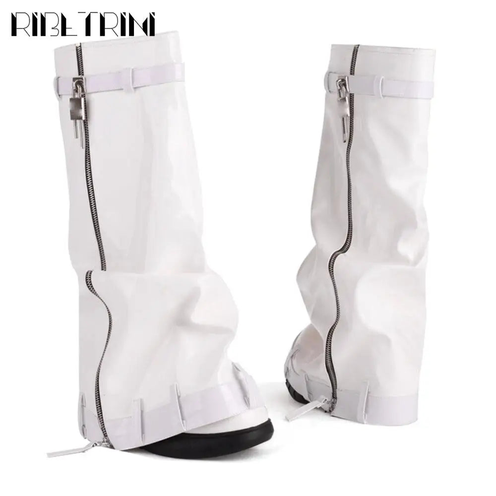 Platform Women Fold Over Mid Calf Padlock Metal Platform Shoes