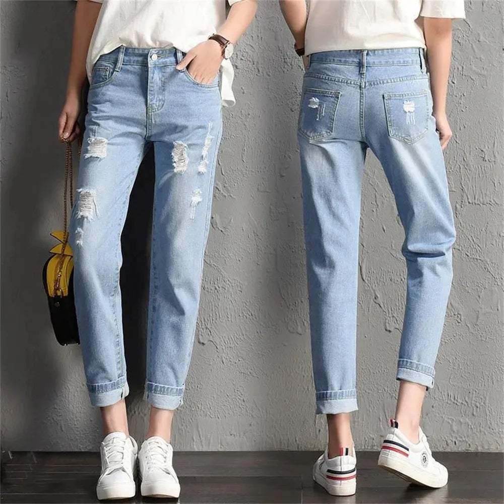 2025 Women jeans Clothing Mid Waist Boyfriend Big Ripped Hole Jeans Casual High Street Denim Pants woman Pencil Jeans y2k