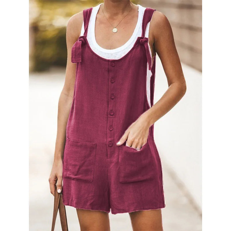 Summer women's solid color patch pocket tied cotton and linen suspender pants
