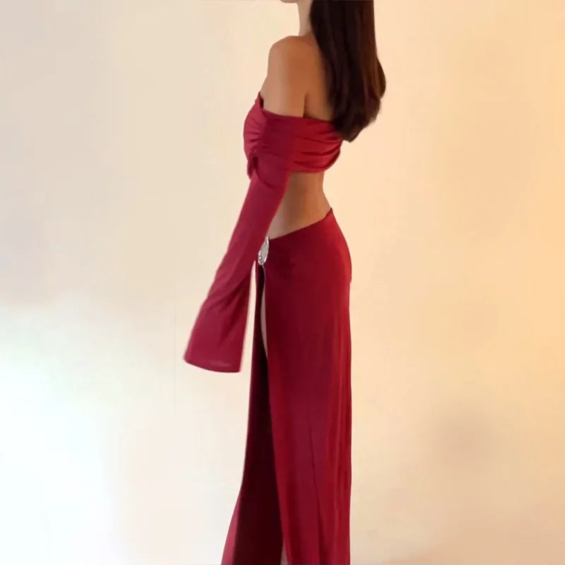 Women's Solid Beach Skirt Sets Sexy High Split Slim Bohemian Outfits Off The Shoulder Holiday Fashion 2 Piece Set 2025 Beachwear