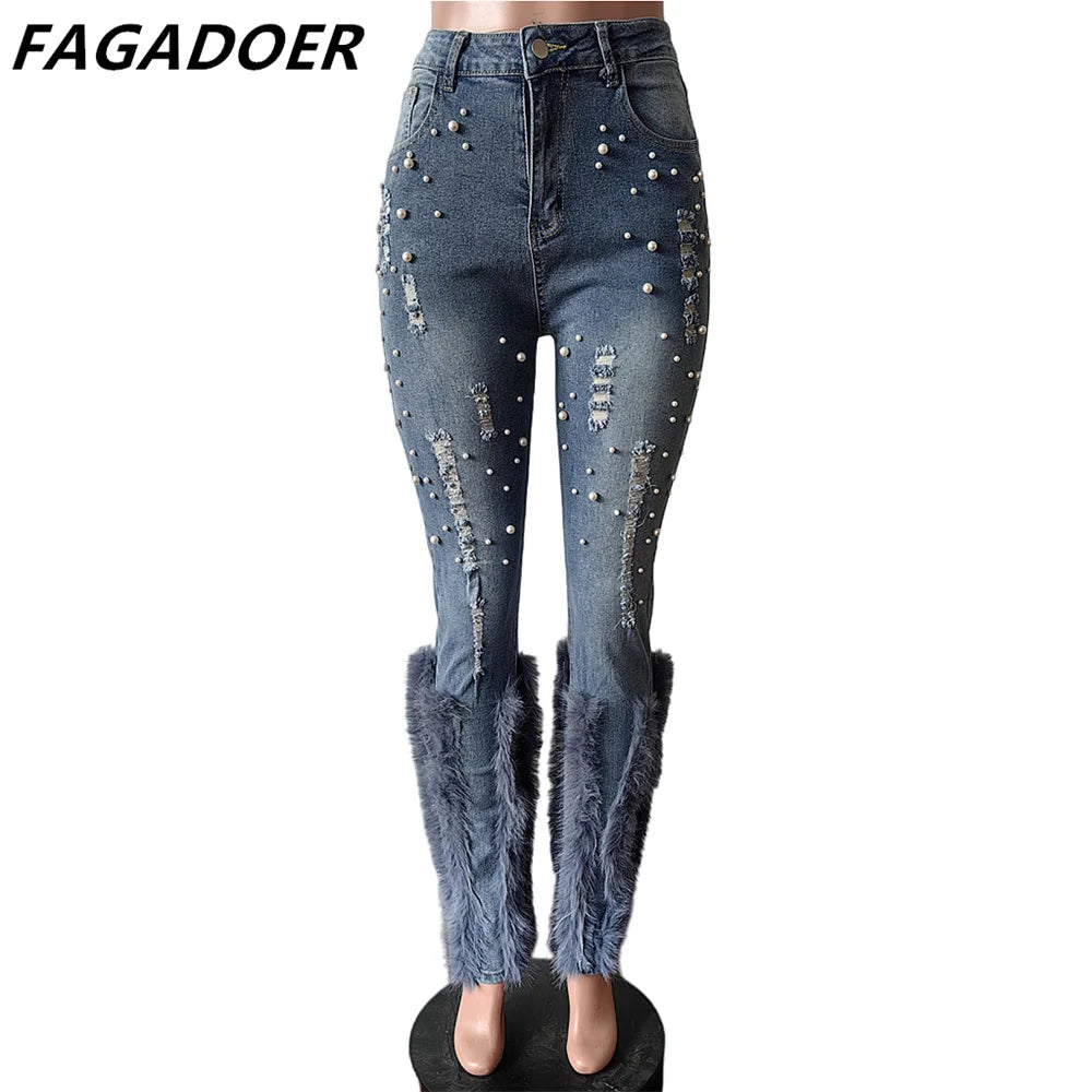 FAGADOER Feathers Patchwork Denim Pants Women Fashion Pearls Holes Tassel High Waist Stretchy Jeans Y2K Streetwear Bottoms New