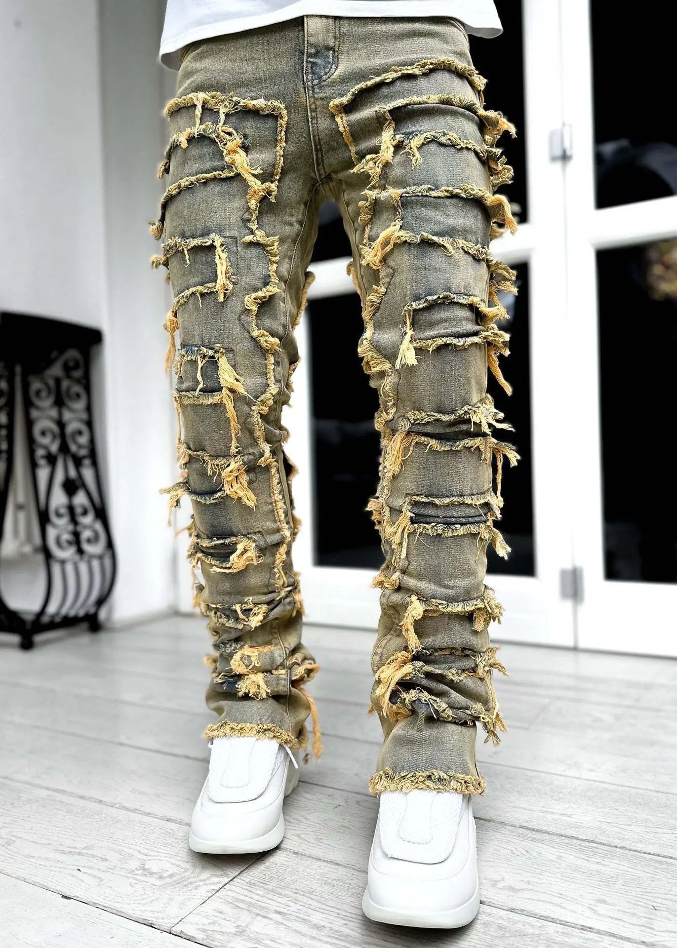 2024 Spring Summer New Men's Clothing Fashion Solid Color Elastic Patch Denim Straight-Leg Pants Jeans
