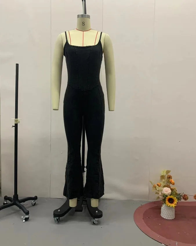 Women's Sexy Camisole Denim Jumpsuit 2025 Spring Summer Latest Solid Color Romantic Style Square Neck Slim Fit Romper Bodysuit