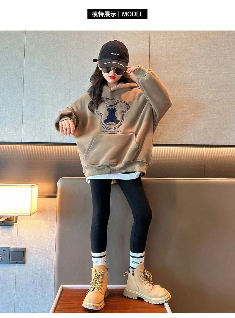 2025 girls clothes autumn winter sweatshirt bear t-shirt hooded + stretch pants leggings teens children set 8 9 10 11 12 year
