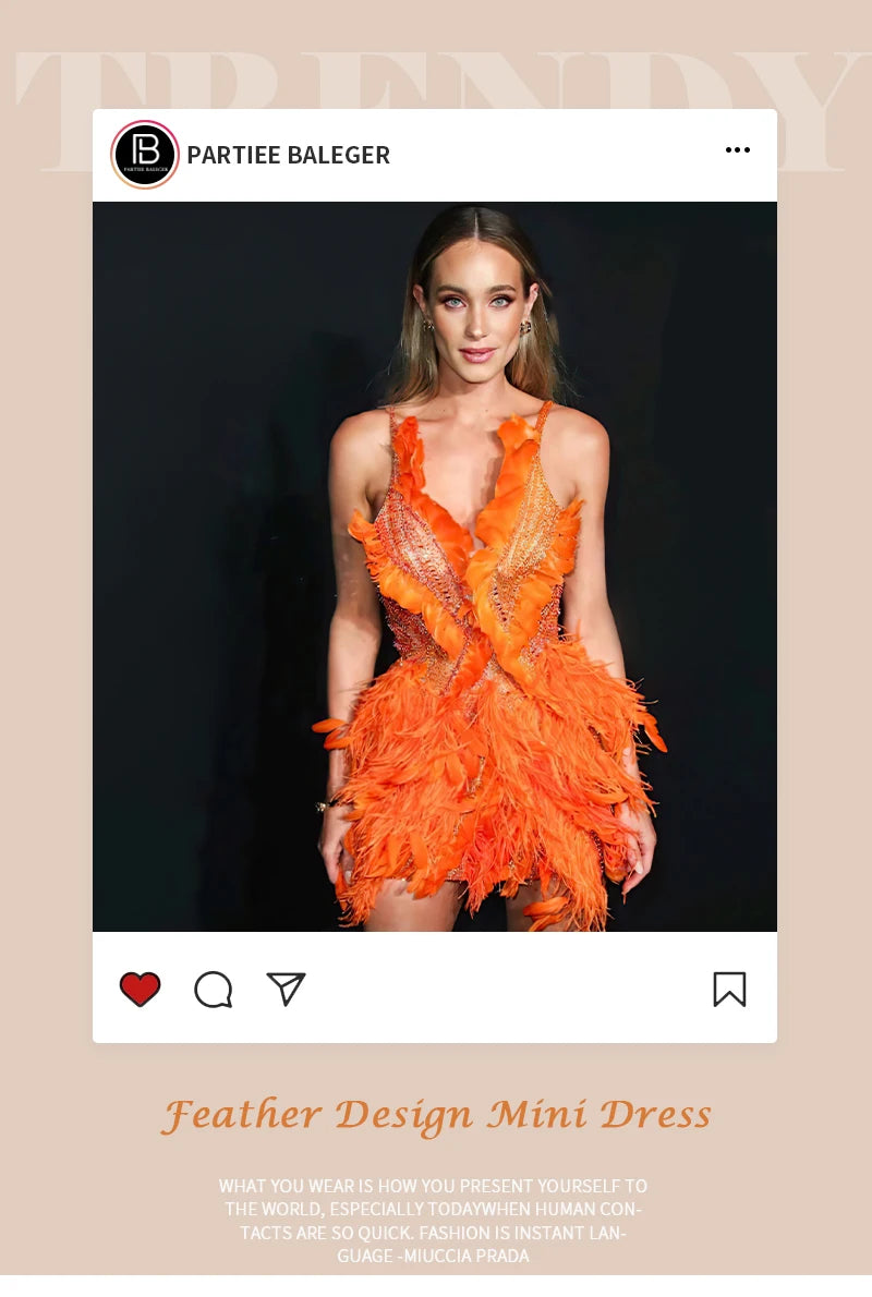 PB 2024 New Orange Prom Dresses Sparkly Beading Crystal Rhinestones Feathers Embellished Birthday Party Cocktail Evening Dress