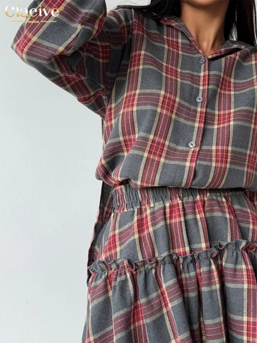 Clacive Fashion Loose Plaid 2 Piece Sets Women Outfit 2025 Elegant Long Sleeve Shirt With High Waist Mini Skirt Set Female