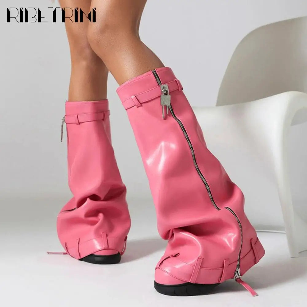 Platform Women Fold Over Mid Calf Padlock Metal Platform Shoes