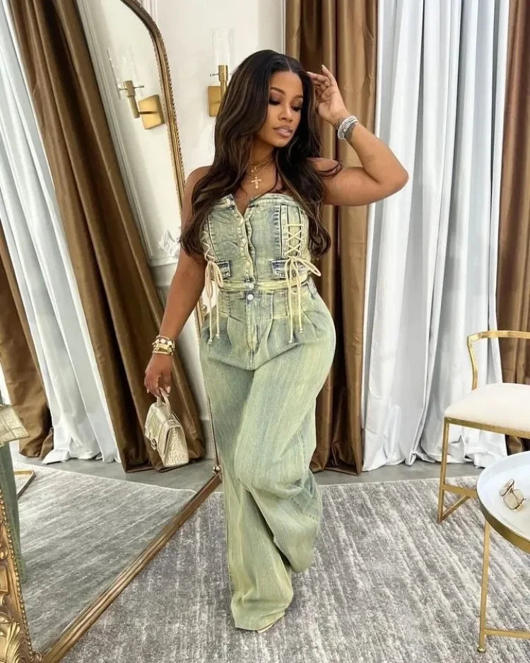 Leosoxs Denim Women's Set Sleeveless Strapless Top +Loose Jeans Pants 2024 Fall Lace Up Street Two 2 Piece Set Outfits Tracksuit