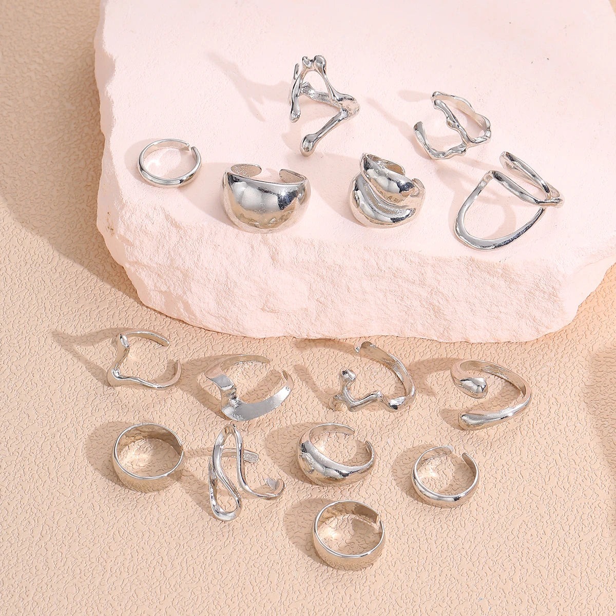 15Pcs Punk Smooth Geometric Open Rings Set For Women