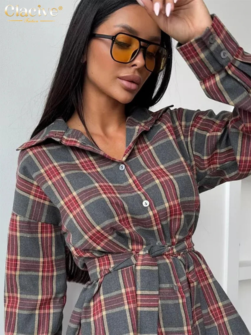 Clacive Fashion Loose Plaid 2 Piece Sets Women Outfit 2025 Elegant Long Sleeve Shirt With High Waist Mini Skirt Set Female