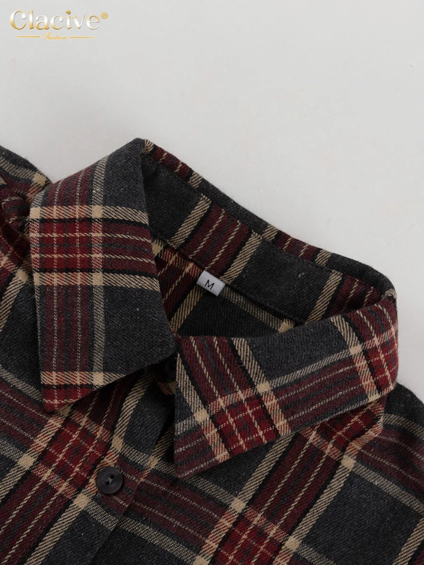 Clacive Fashion Loose Plaid 2 Piece Sets Women Outfit 2025 Elegant Long Sleeve Shirt With High Waist Mini Skirt Set Female