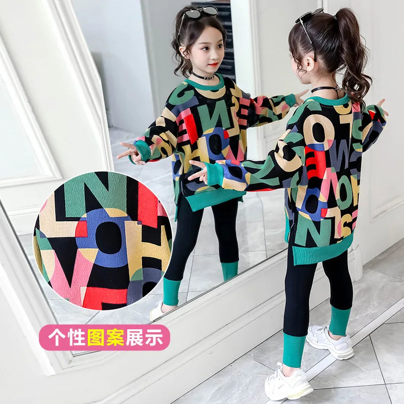 2025 girls clothes autumn winter letter sweatshirt t-shirt hooded + stretch pants leggings cotton teens child 8 9 10 11 12 year