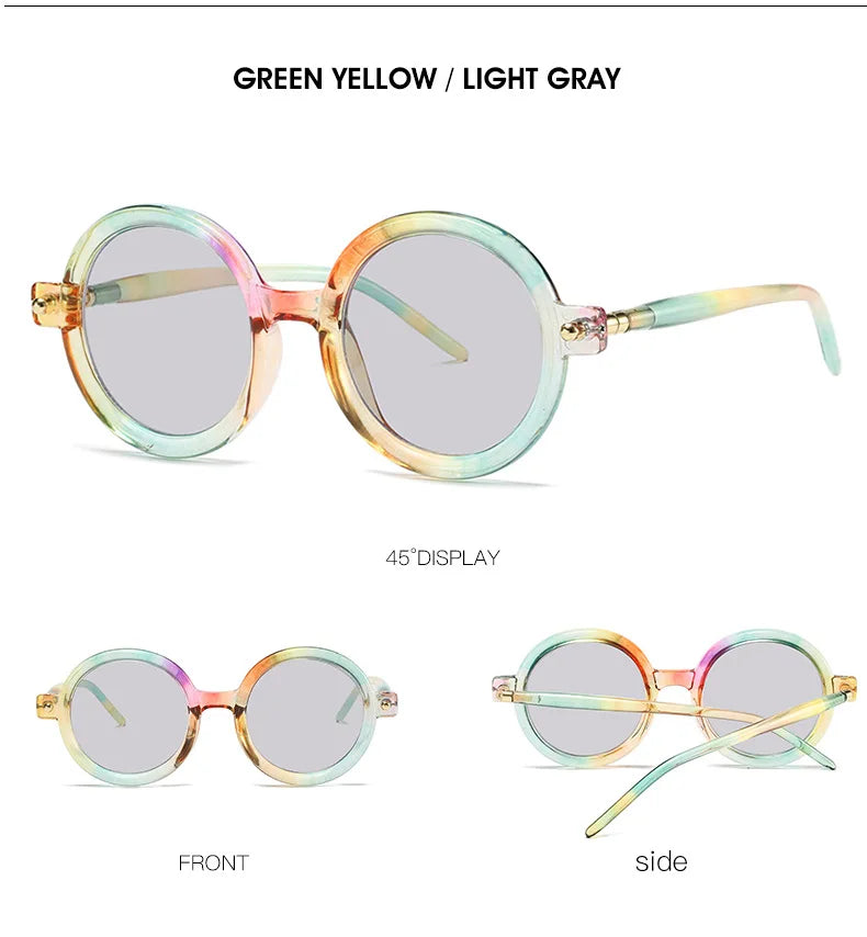 Retro Gray Pink Lens Round Sunglasses Women 2025 Brand Trendy Shiny Circle Frame Men Spectacle Plain Eyewear Shades Sun Glasses