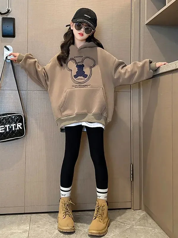 2025 girls clothes autumn winter sweatshirt bear t-shirt hooded + stretch pants leggings teens children set 8 9 10 11 12 year