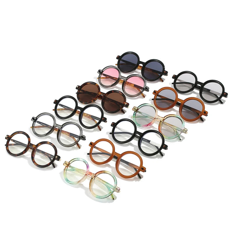 Retro Gray Pink Lens Round Sunglasses Women 2025 Brand Trendy Shiny Circle Frame Men Spectacle Plain Eyewear Shades Sun Glasses
