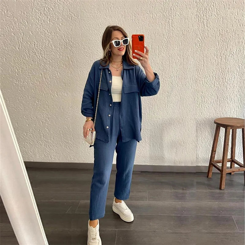 summer outfits for women 2025 New Loose Button Long Sleeve Shirt and Cropped Pants Casual Sports Summer women's suit Pants Set