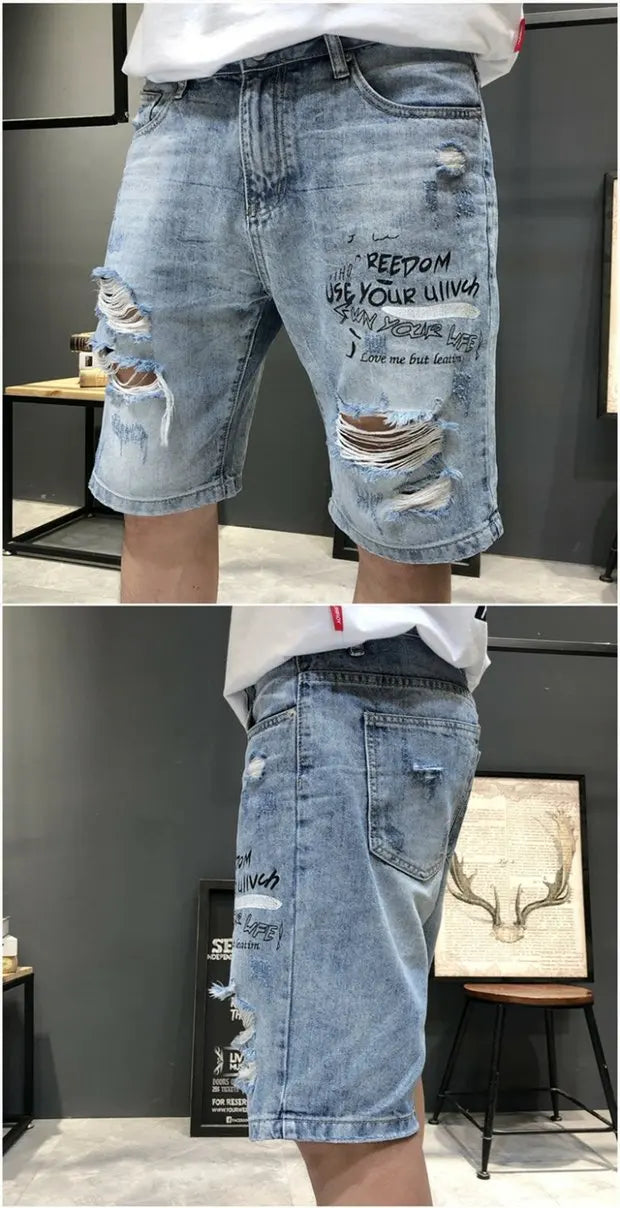 Summer 2025 Light Blue Ripped Cat Whisker Patch Letter Print Slim Denim Shorts Teenagers Jeans Boys and Girls Cowboy Short Pants
