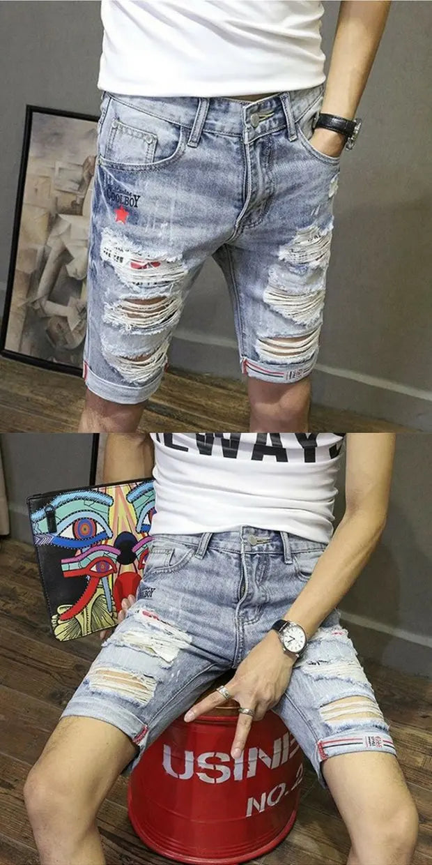 Summer 2025 Light Blue Ripped Cat Whisker Patch Letter Print Slim Denim Shorts Teenagers Jeans Boys and Girls Cowboy Short Pants
