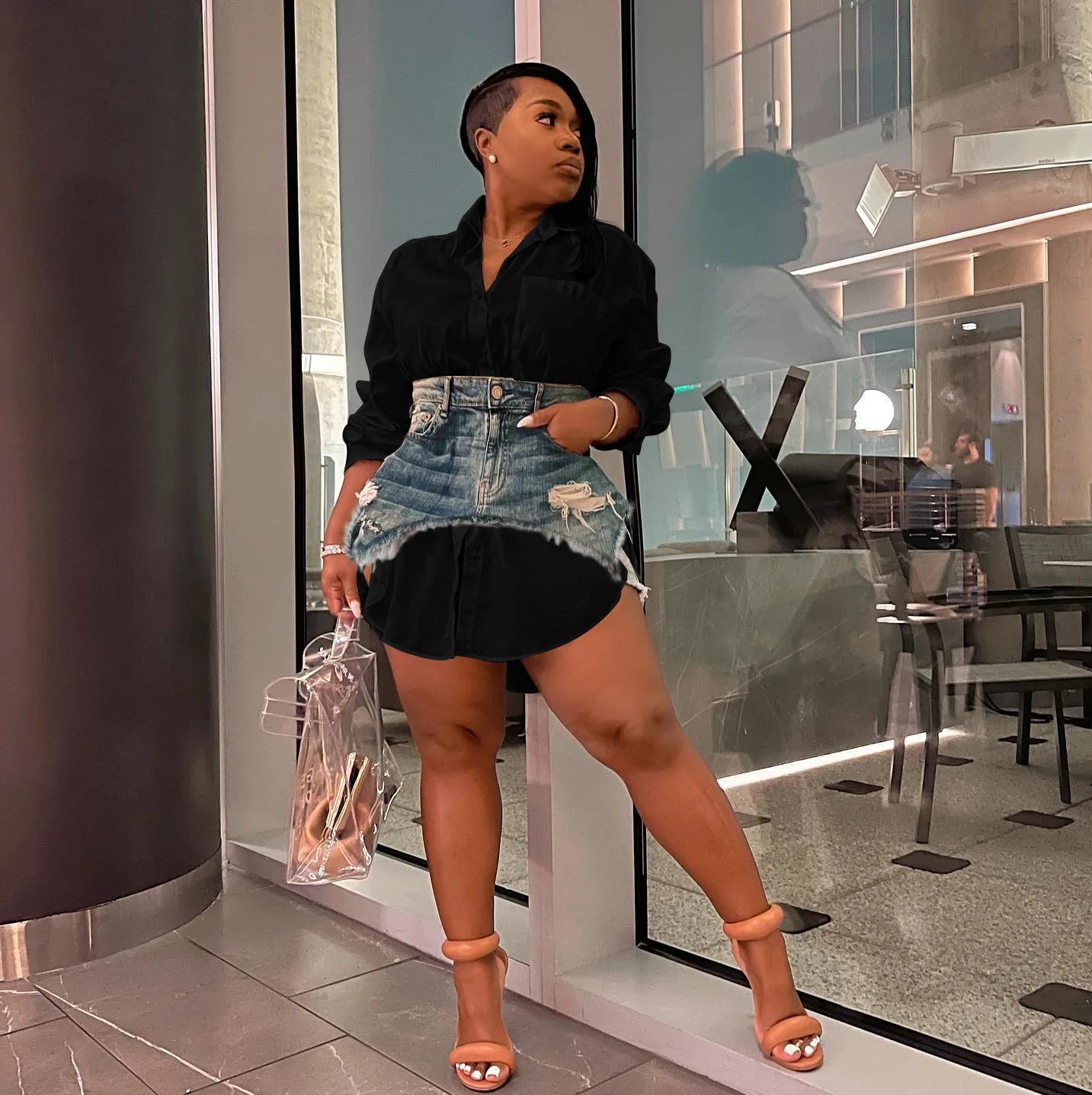 Joskaa Solid Lapel Long Sleeve Single Breasted Shirt Dress and Irregular Denim Skirt Two Piece Set Women 2023 Cute Street Outfit