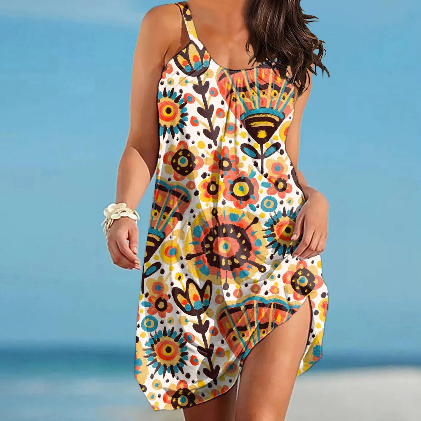 O Neck Sleeveless Sundress Lace Up Bohemian Cover Up Plus Size Hollow Out Print Dress Para Mujer Summer Dress