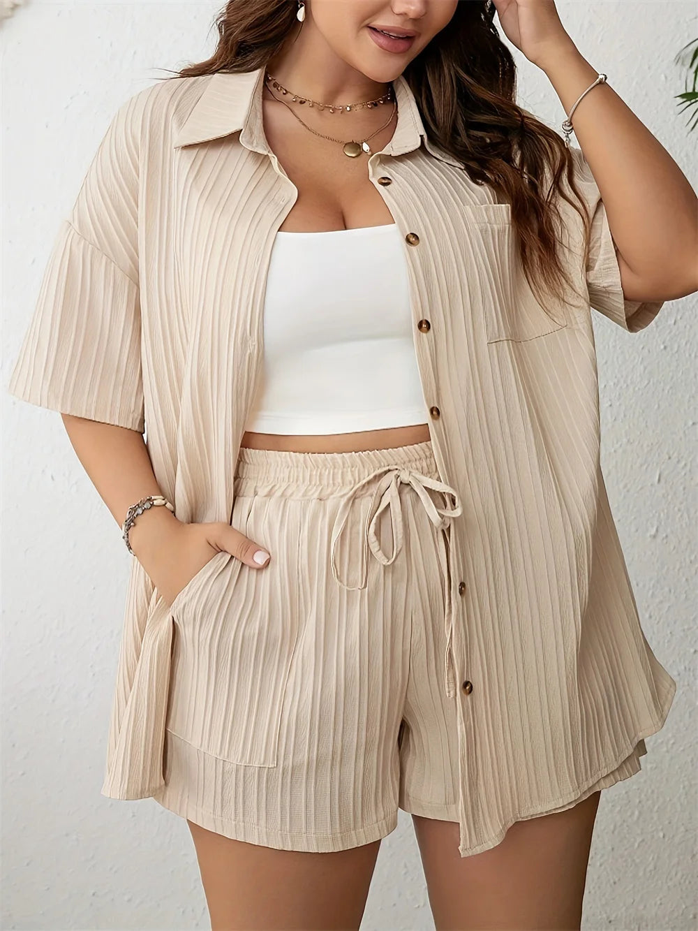 GIBSIE Plus Size Summer Two Piece Sets For Women 2024 Holiday Casual Button-up Short Sleeve Shirt with Elastic Waist Shorts