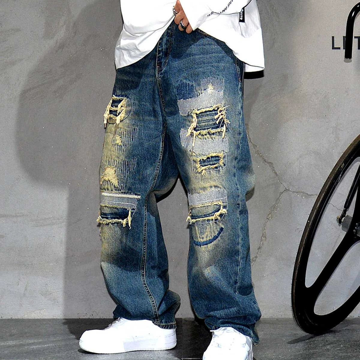 American Streetwear Ripped Patch Jeans Hip Hop Baggy Jeans Mens Clothing Vintage Denim Cargo Pants Japanese Harajuku Trousers