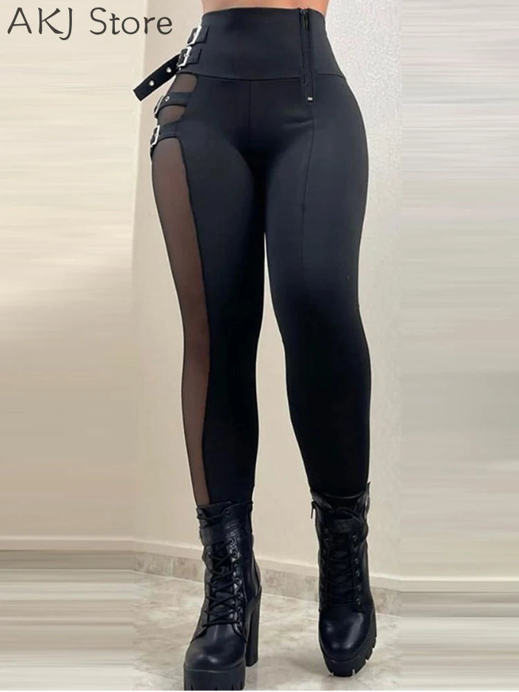 Sexy Sheer Mesh Lace Embroidery Patchwork Skinny Pants