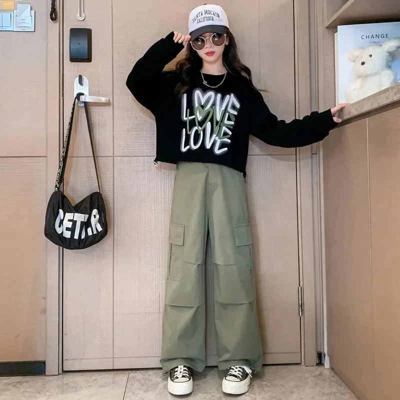 2025 spring autumn Kids tracksuit Children set Girls Clothes loose T-Shirt + wide leg Cargo Pants Teenager 4 5 6 7 10 11 12 year