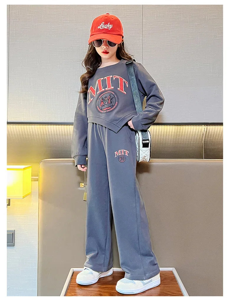 2025 autumn spring kid Girls Clothes Suit Child irregular letter sweatshirt t-shirt top and loose pant Tracksuit 4 8 10 12 year