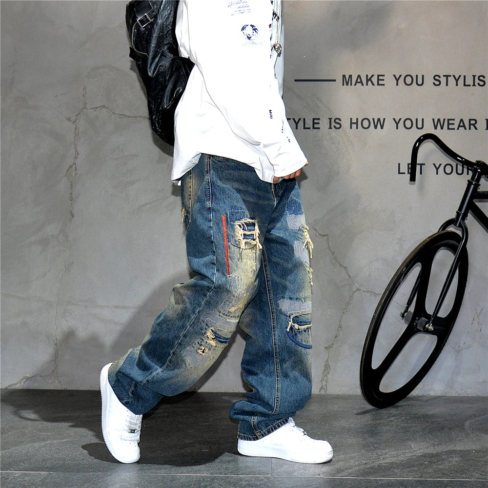 American Streetwear Ripped Patch Jeans Hip Hop Baggy Jeans Mens Clothing Vintage Denim Cargo Pants Japanese Harajuku Trousers