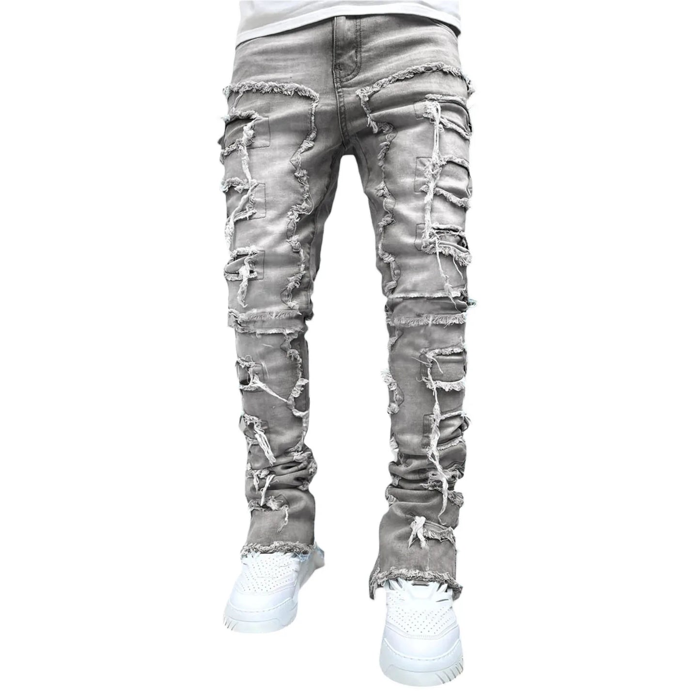 2024 Spring Summer New Men's Clothing Fashion Solid Color Elastic Patch Denim Straight-Leg Pants Jeans