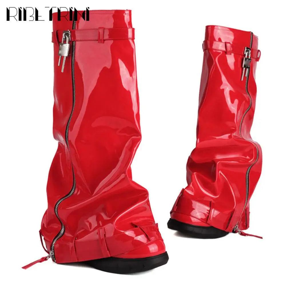 Platform Women Fold Over Mid Calf Padlock Metal Platform Shoes