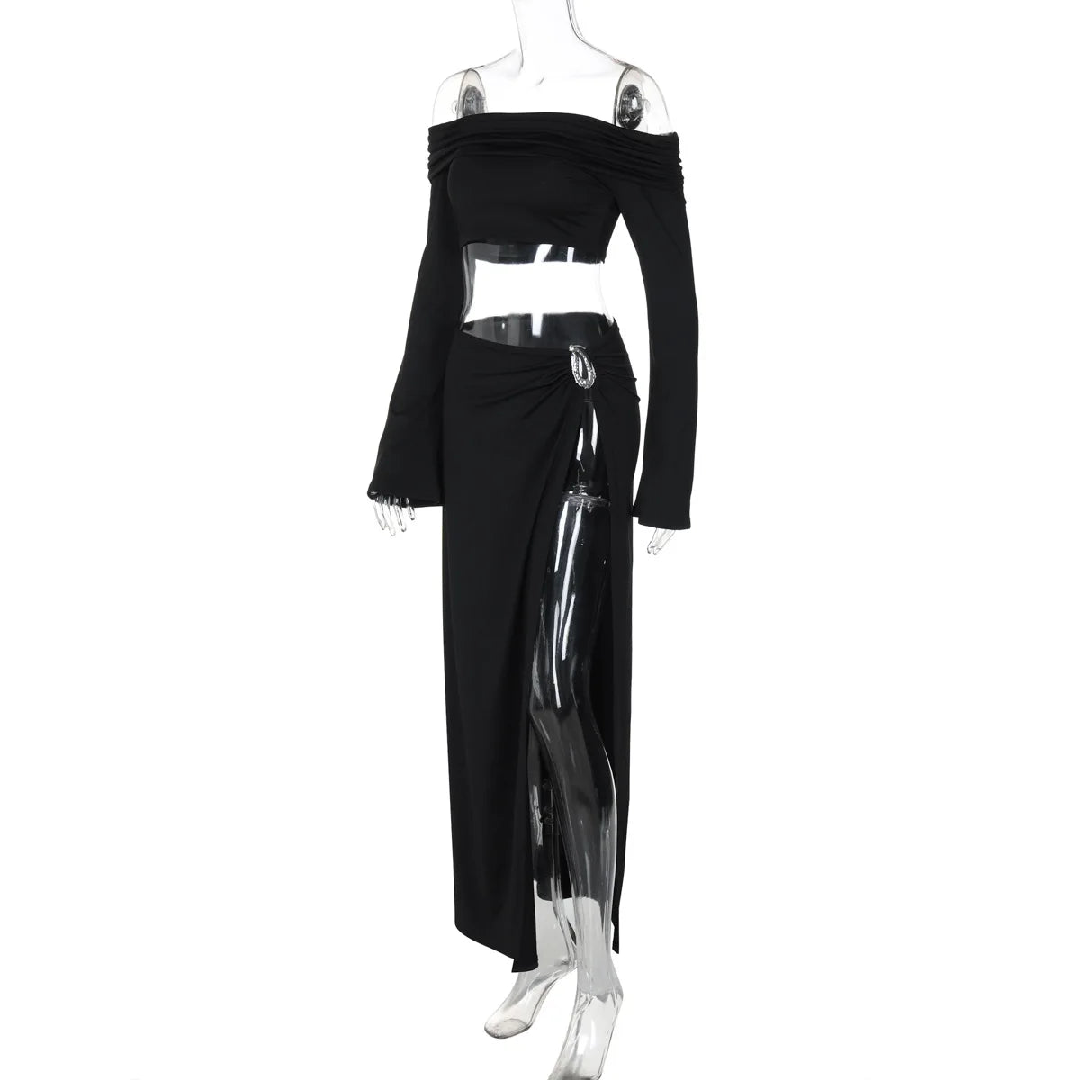 Women's Solid Beach Skirt Sets Sexy High Split Slim Bohemian Outfits Off The Shoulder Holiday Fashion 2 Piece Set 2025 Beachwear