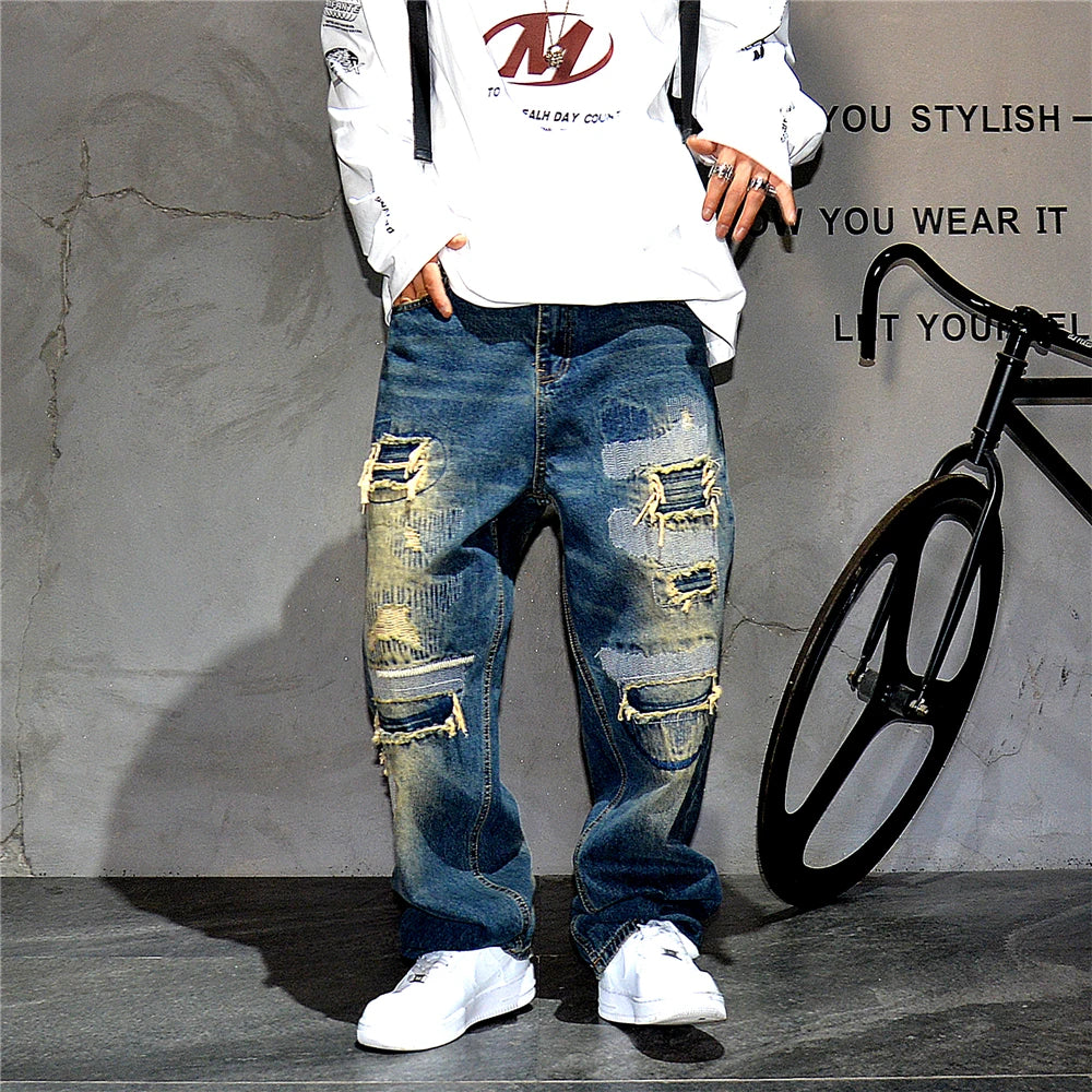 American Streetwear Ripped Patch Jeans Hip Hop Baggy Jeans Mens Clothing Vintage Denim Cargo Pants Japanese Harajuku Trousers