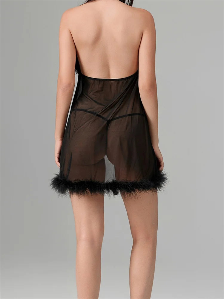 CHRONSTYLE Women Christmas Fur Trim Lingerie Exotic Sets Drawstring Bow Plush Ball Halter Dress with Underwears 2pcs Sets 2025