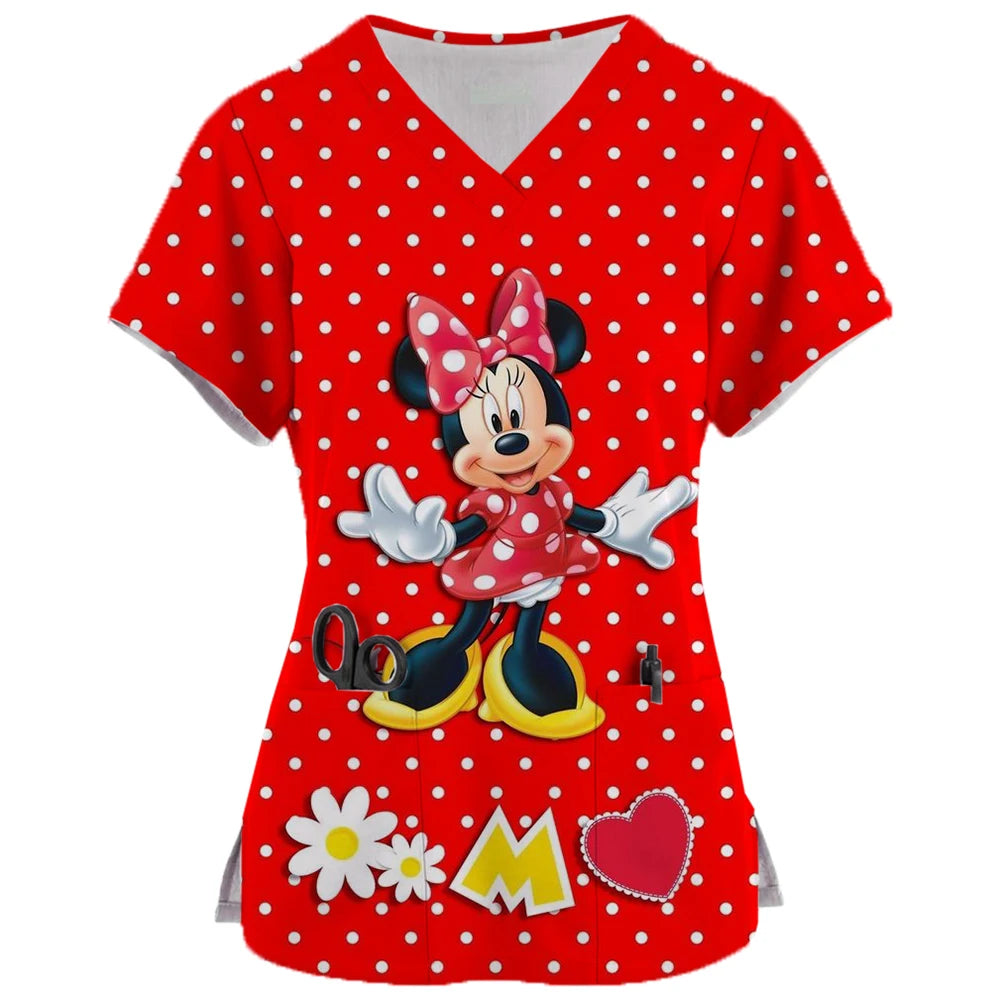 2024 New Minnie Mouse Print Nurse Medical Uniforms V-neck Short Sleeve Pocket Workwear Top Scrubs Medical Accessories Uniform