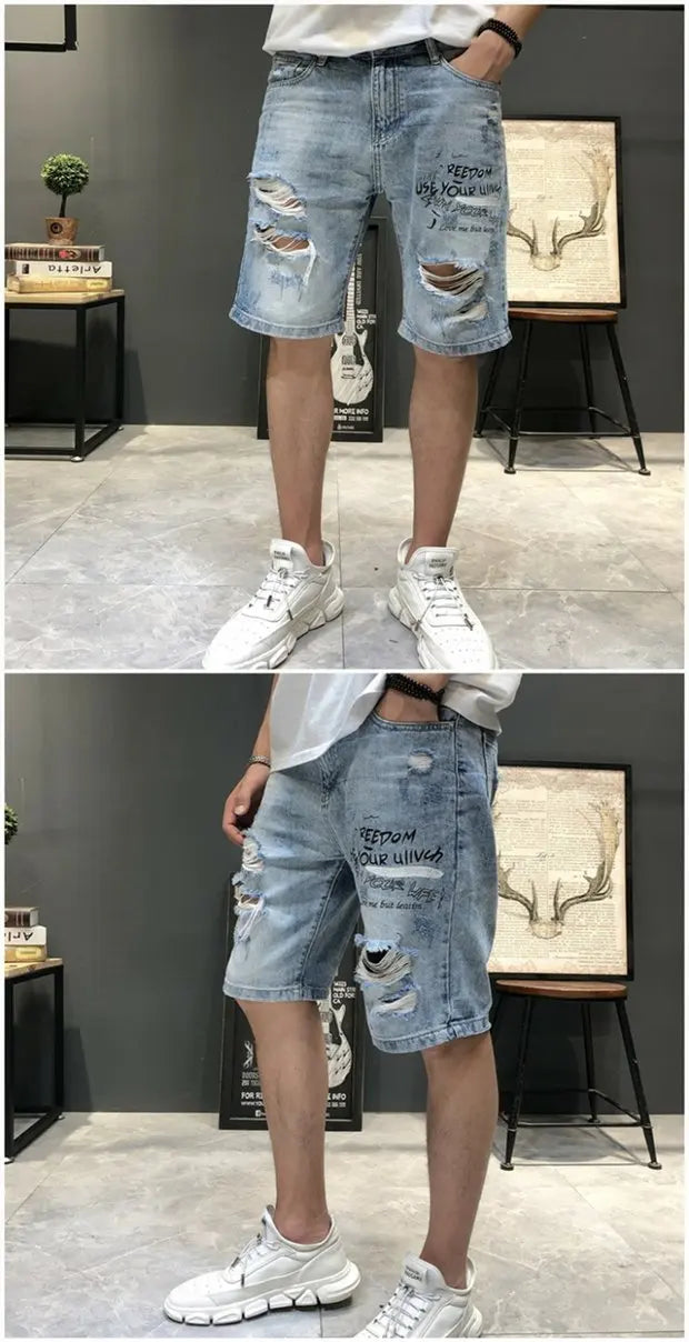 Summer 2025 Light Blue Ripped Cat Whisker Patch Letter Print Slim Denim Shorts Teenagers Jeans Boys and Girls Cowboy Short Pants