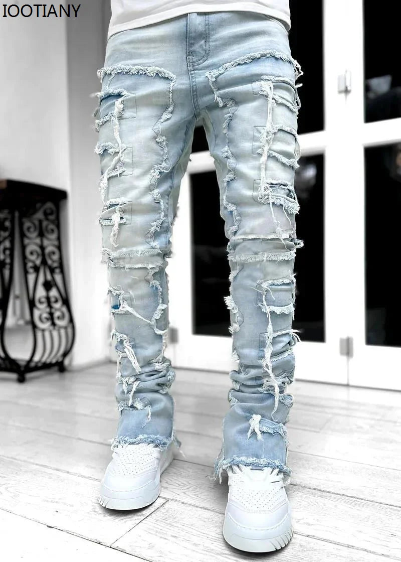 New Fashion Stretch Jeans Man Stacked Jeans Elastic Waist Straight Fit Patchworks Denim Long Pants Fringe Ripped Jeans For Men
