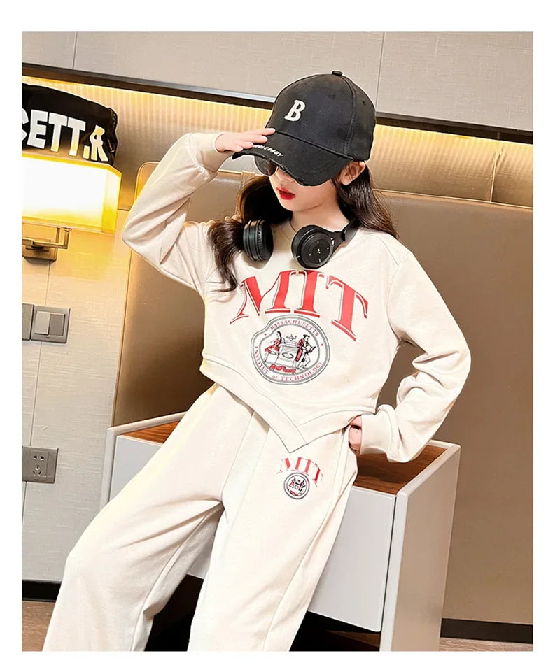 2025 autumn spring kid Girls Clothes Suit Child irregular letter sweatshirt t-shirt top and loose pant Tracksuit 4 8 10 12 year