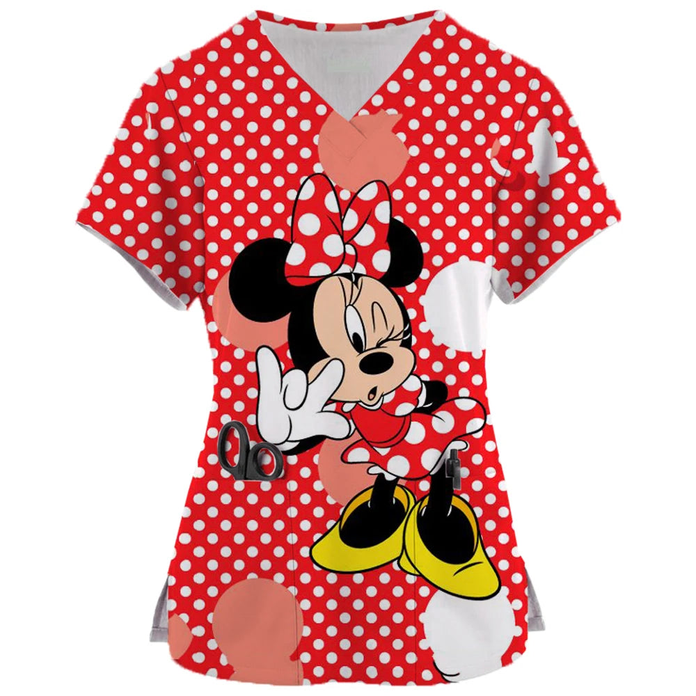 2024 New Minnie Mouse Print Nurse Medical Uniforms V-neck Short Sleeve Pocket Workwear Top Scrubs Medical Accessories Uniform