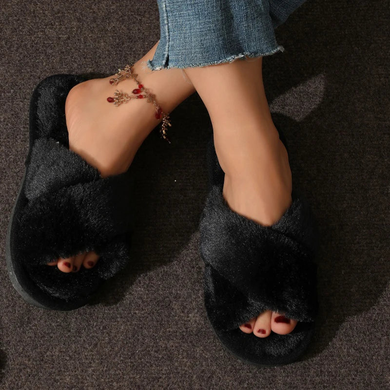 CrissCross Band Plush House Slippers for Women