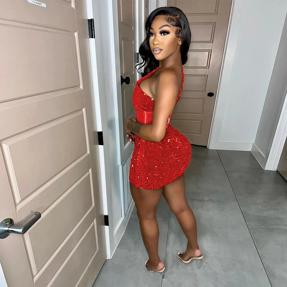 2023 Summer Women Sleeveless One Shoulder Bodycon Sexy Glitter Sequined Mesh Patchwork Mini Dress For Women Birthday Party