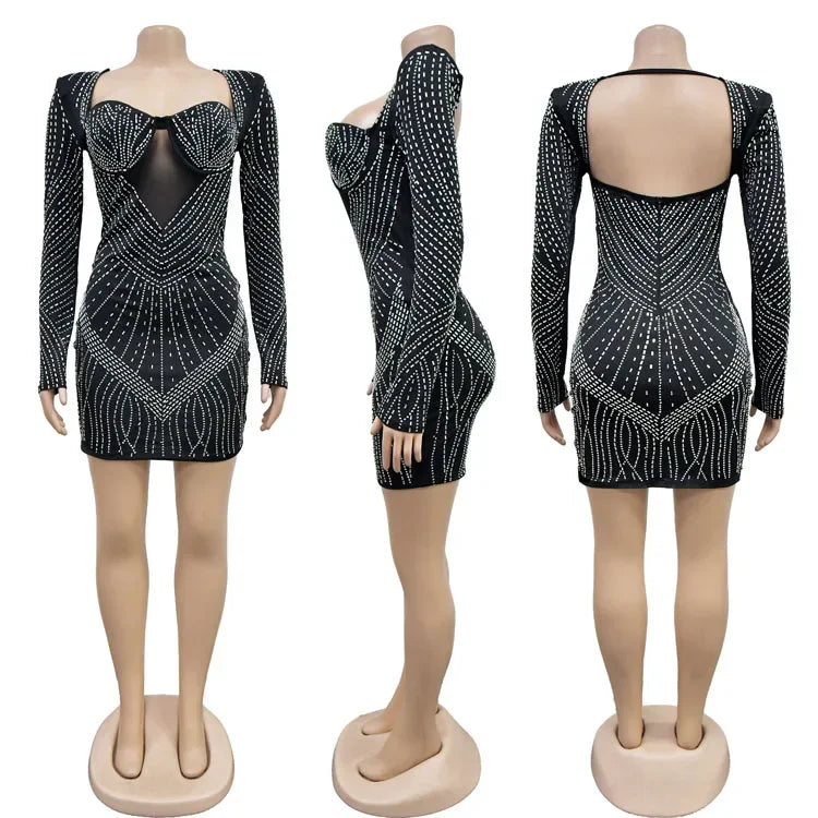 Solid Color Mesh Rhinestone Long Sleeve Backless Night Club Dress