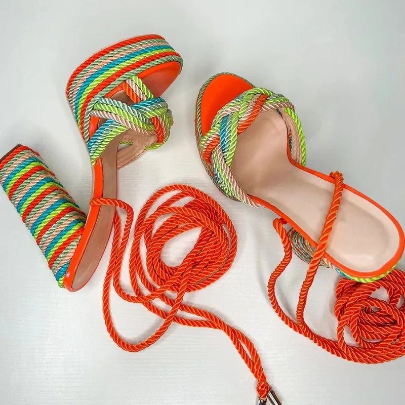 New Multi-color Rope Woven Cross Strap Women High-heeled Sandals