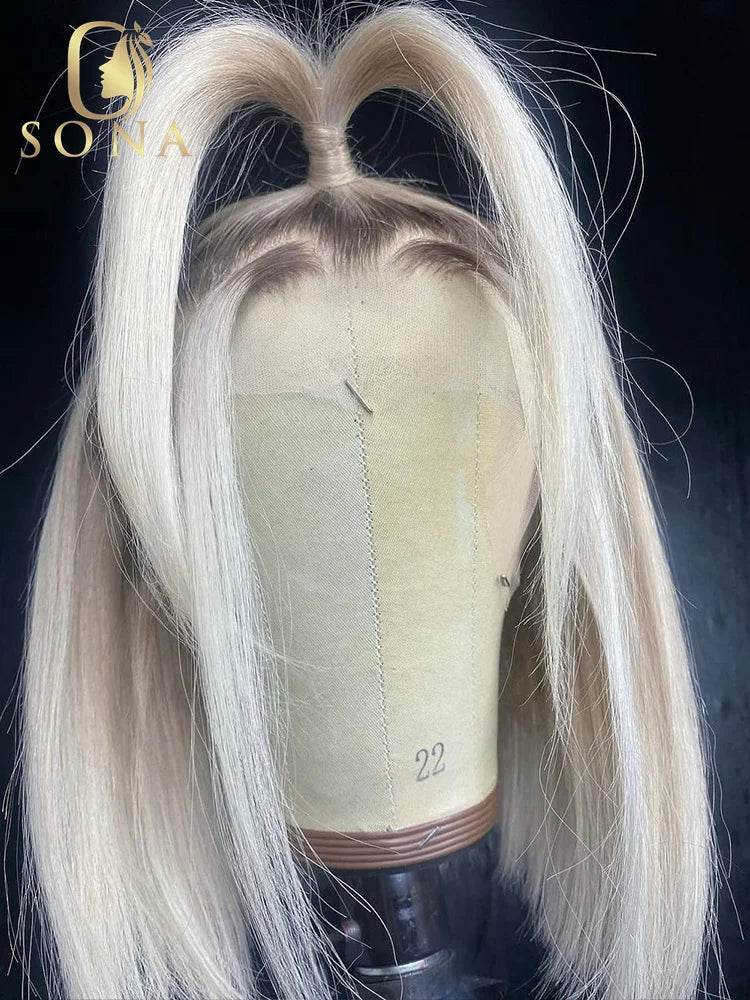 13x6 Colored Dark Root White Platinum Ash Blonde Straight Bob Lace Frontal Wig Human Hair Pre Plucked Brazilian Remy Front Wig