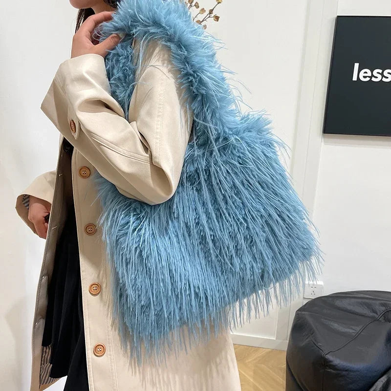 2025 NEW Wool Women's Plush Shoulder Bags Y2k Hot Faux Fur Lady Bag Large Capacity Fashion Female Furry Purse Tote Handbags