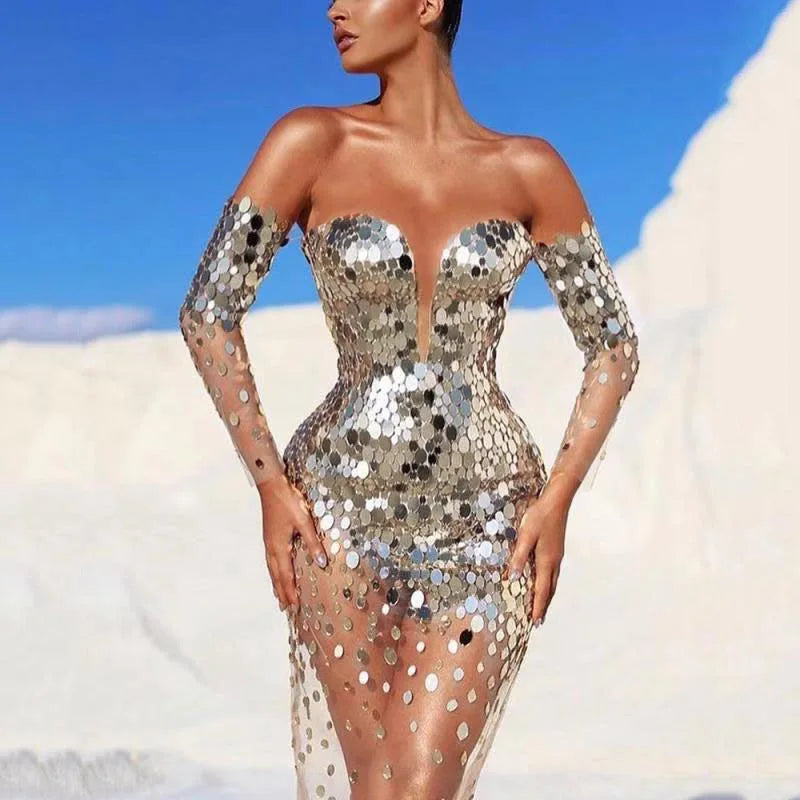 Sequin Off Shoulder Silver Dress Elegant Sexy Mesh See Through Bodycon Dress Women Luxury Summer Clothes Long Evening Club Dress