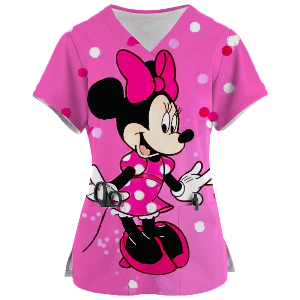 2024 New Minnie Mouse Print Nurse Medical Uniforms V-neck Short Sleeve Pocket Workwear Top Scrubs Medical Accessories Uniform